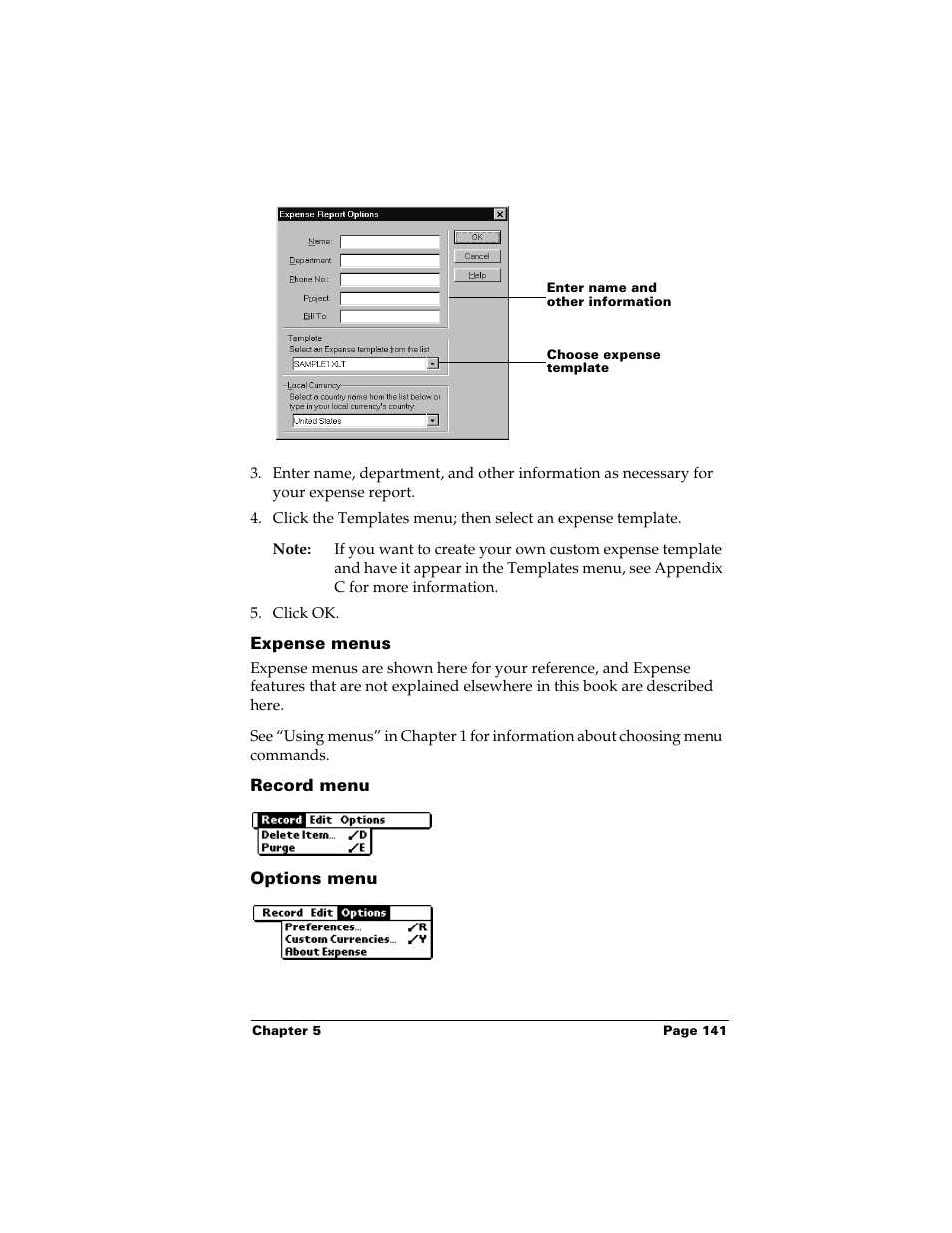 Expense menus, Record menu, Options menu | Palm m500 User Manual | Page 151 / 286