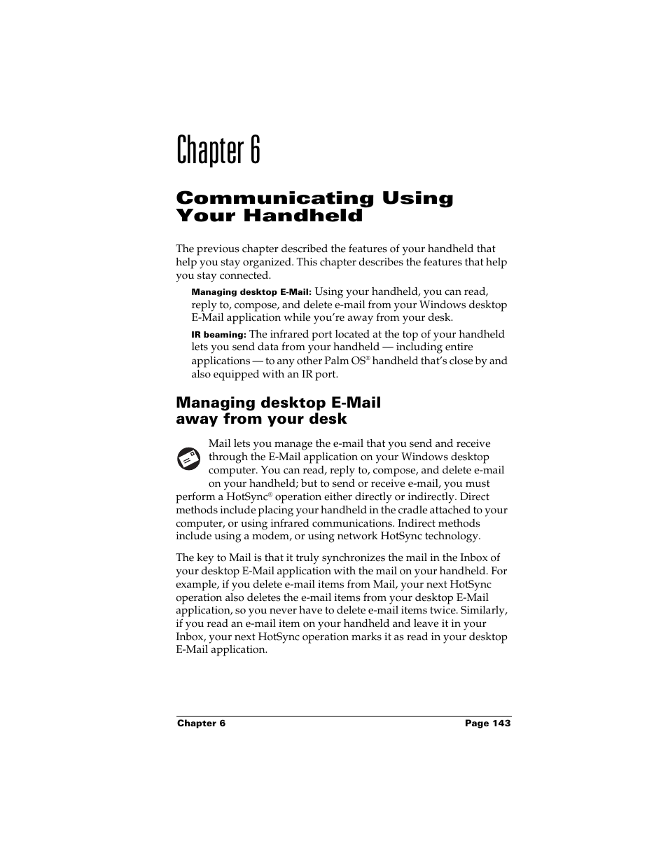 Chapter 6, Communicating using your handheld, Managing desktop e-mail away from your desk | Chapter 6: communicating using your handheld | Palm m500 User Manual | Page 153 / 286