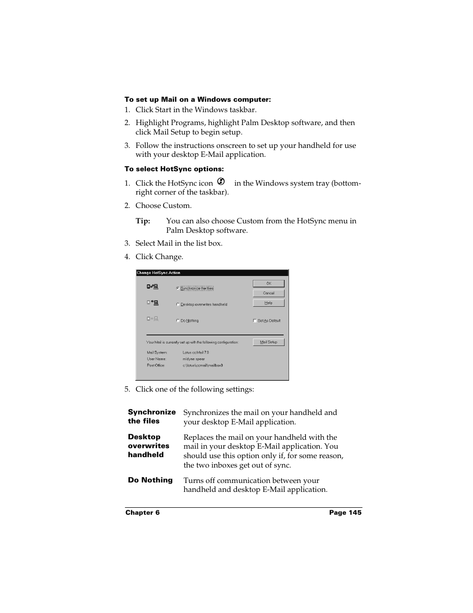 To set up mail on a windows computer, To select hotsync options | Palm m500 User Manual | Page 155 / 286