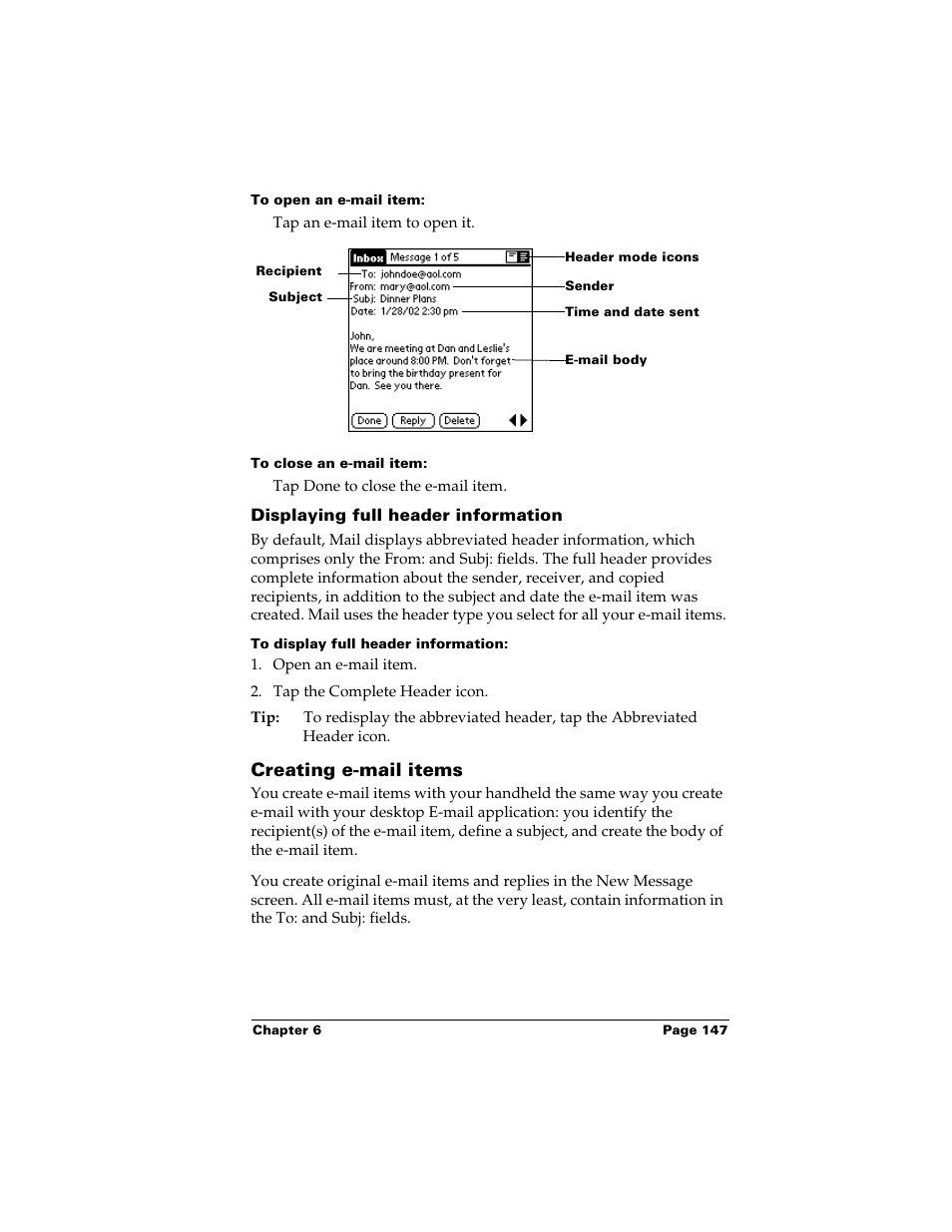 To open an e-mail item, To close an e-mail item, Displaying full header information | To display full header information, Creating e-mail items | Palm m500 User Manual | Page 157 / 286