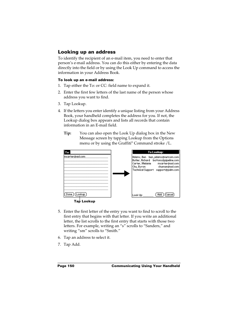 Looking up an address, To look up an e-mail address | Palm m500 User Manual | Page 160 / 286