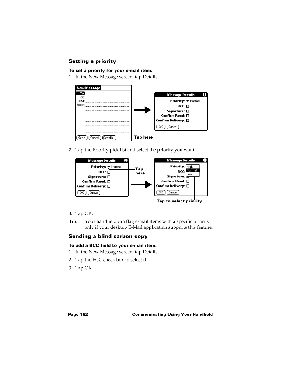 Setting a priority, To set a priority for your e-mail item, Sending a blind carbon copy | To add a bcc field to your e-mail item | Palm m500 User Manual | Page 162 / 286