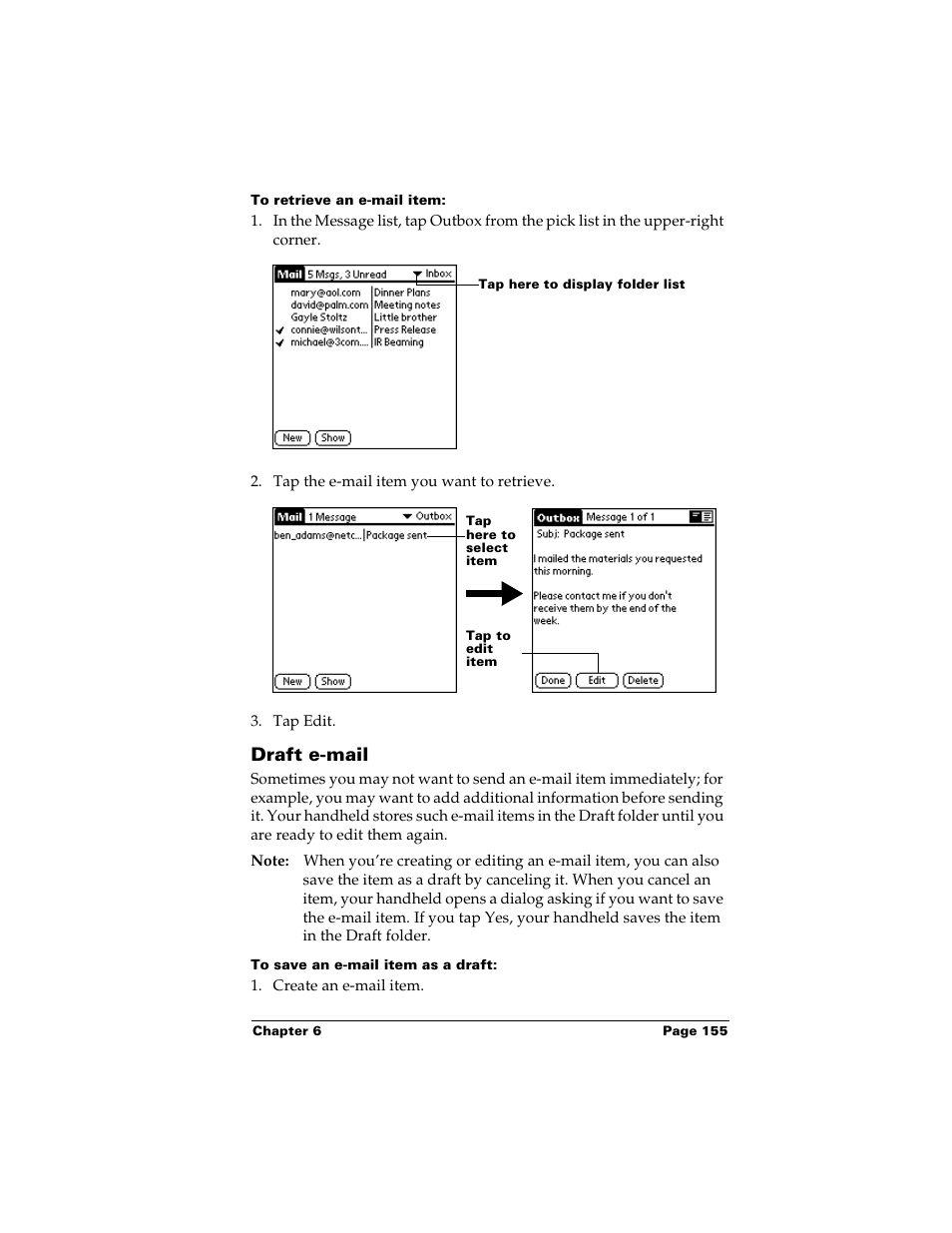 To retrieve an e-mail item, Draft e-mail, To save an e-mail item as a draft | Palm m500 User Manual | Page 165 / 286