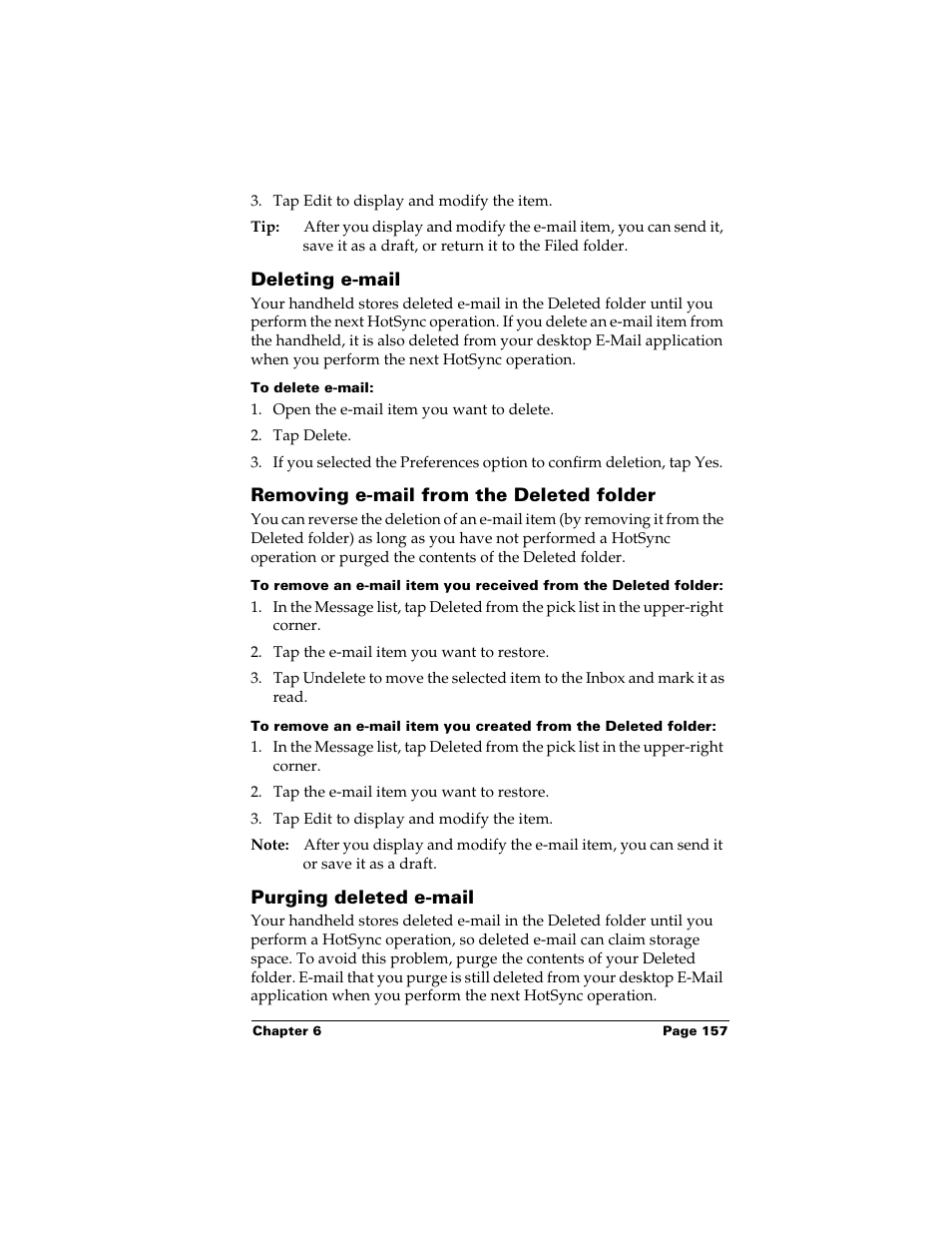 Deleting e-mail, To delete e-mail, Removing e-mail from the deleted folder | Purging deleted e-mail | Palm m500 User Manual | Page 167 / 286