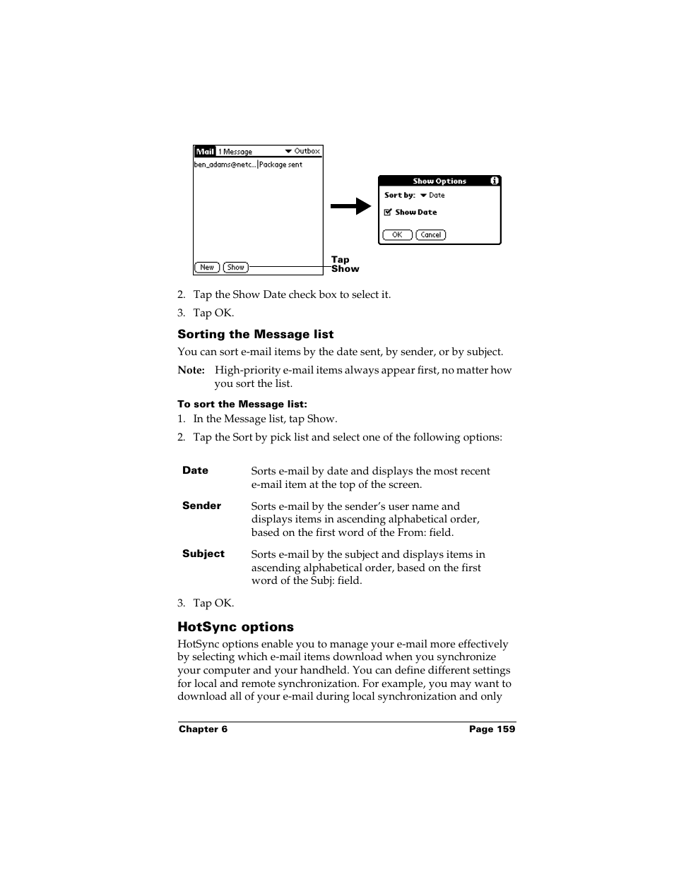 Sorting the message list, To sort the message list, Hotsync options | Palm m500 User Manual | Page 169 / 286