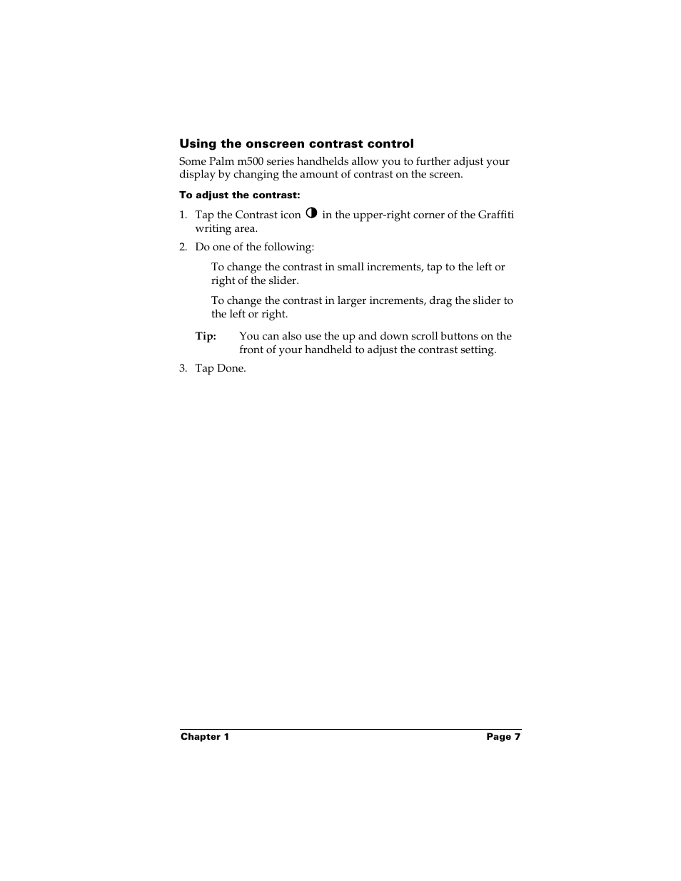 Using the onscreen contrast control, To adjust the contrast | Palm m500 User Manual | Page 17 / 286