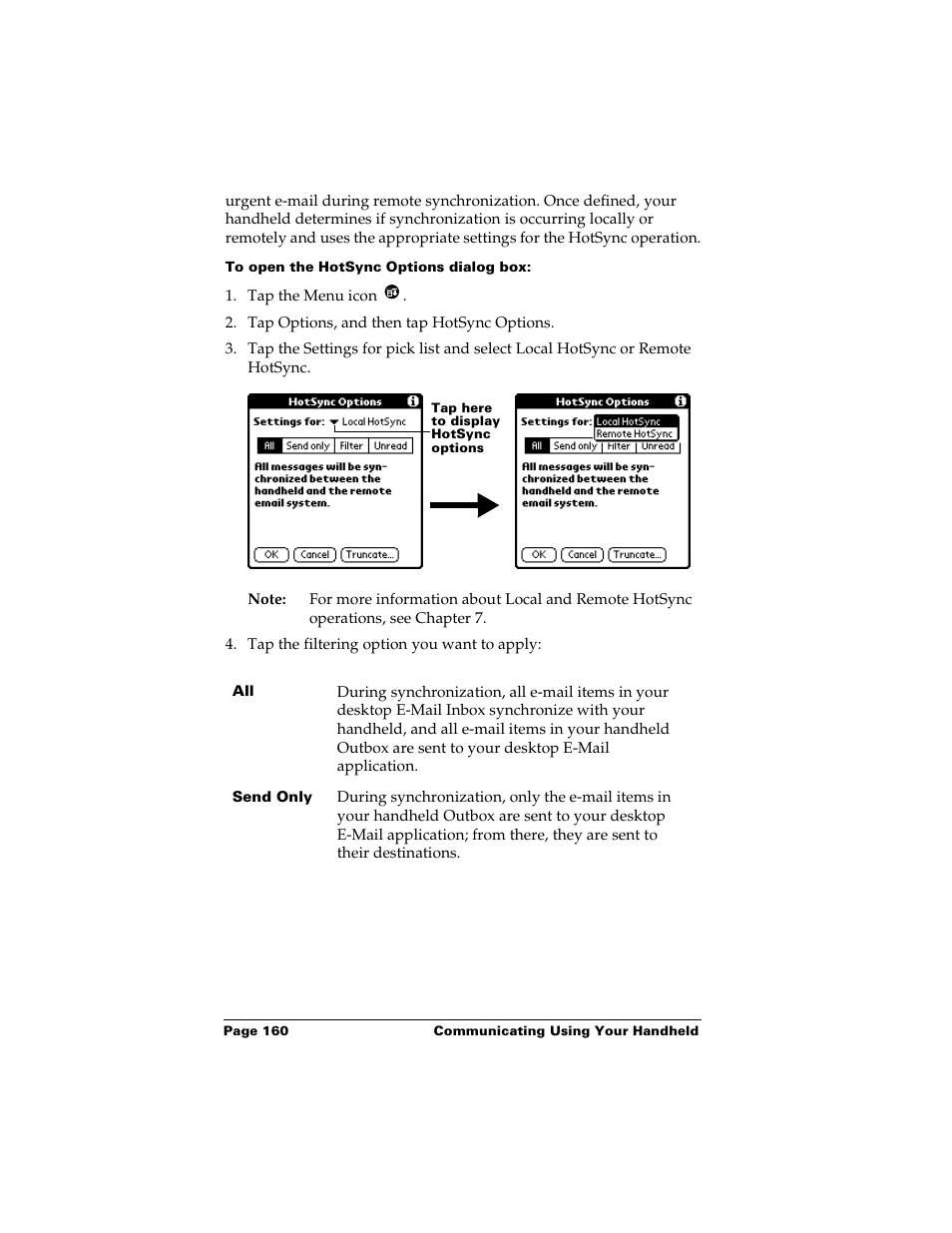 To open the hotsync options dialog box | Palm m500 User Manual | Page 170 / 286