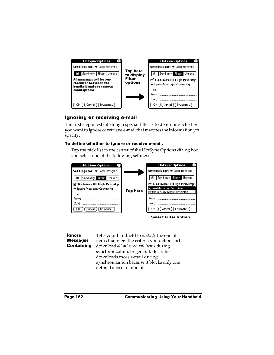 Ignoring or receiving e-mail, To define whether to ignore or receive e-mail | Palm m500 User Manual | Page 172 / 286