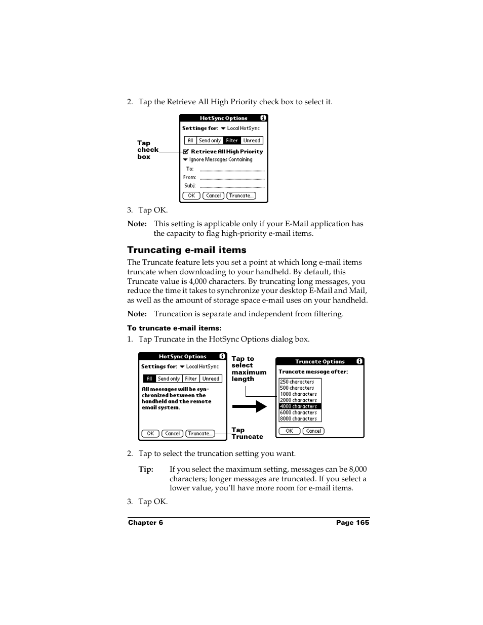 Truncating e-mail items, To truncate e-mail items | Palm m500 User Manual | Page 175 / 286