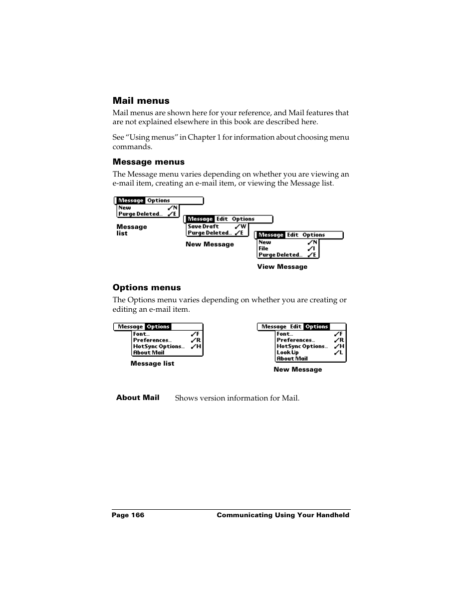 Mail menus, Message menus, Options menus | Palm m500 User Manual | Page 176 / 286