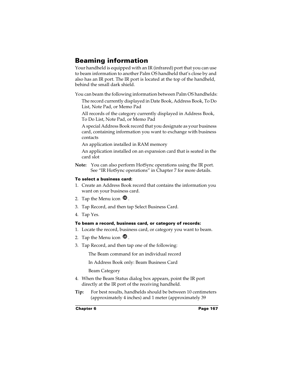 Beaming information, To select a business card, Connecting to your service | S. see “beaming information” in chapter 6 an | Palm m500 User Manual | Page 177 / 286