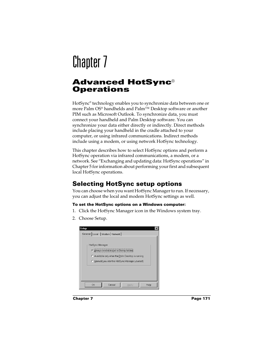 Chapter 7, Advanced hotsync® operations, Selecting hotsync setup options | To set the hotsync options on a windows computer, Chapter 7: advanced hotsync® operations, Advanced hotsync, Operations | Palm m500 User Manual | Page 181 / 286