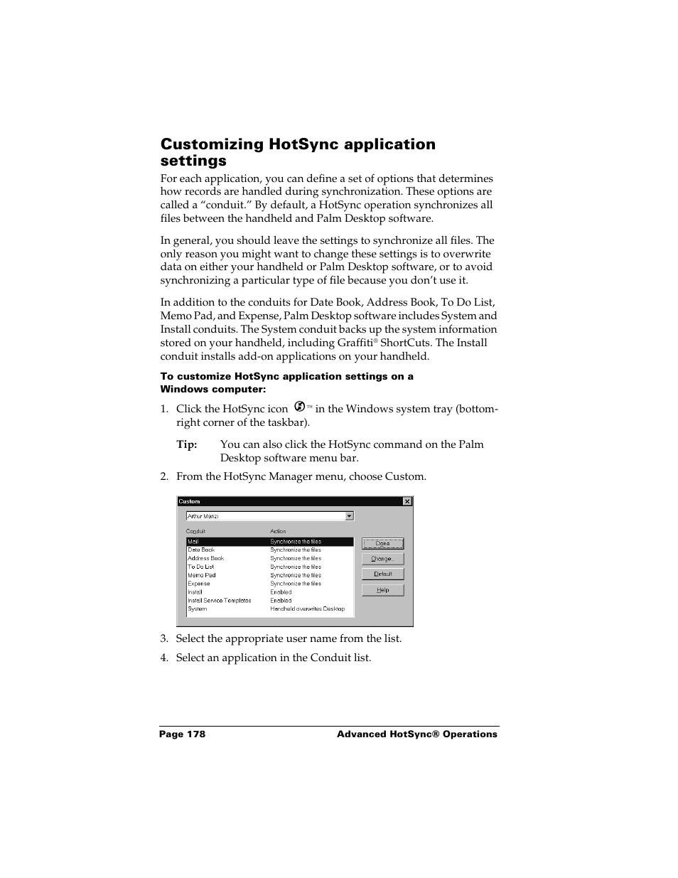 Customizing hotsync application settings | Palm m500 User Manual | Page 188 / 286