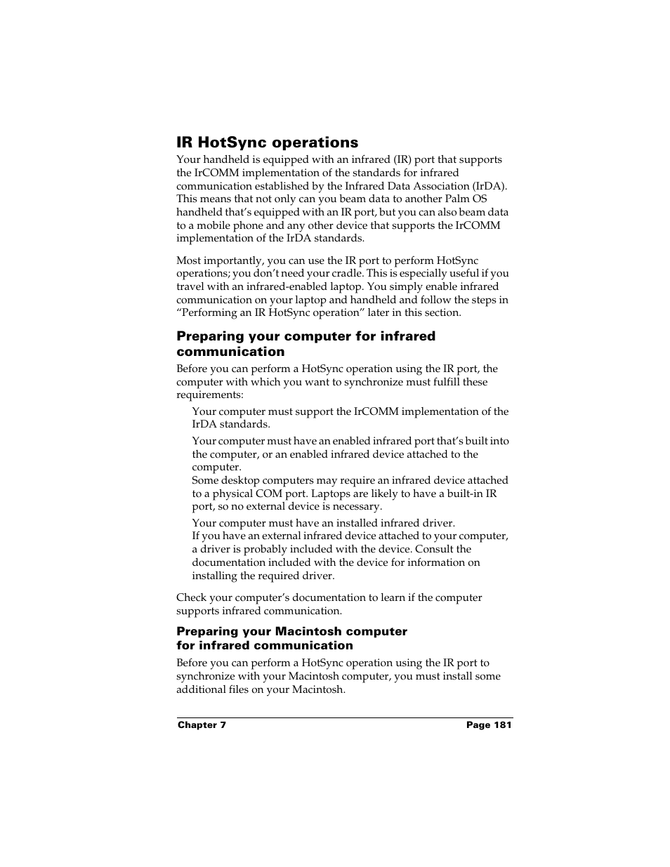 Ir hotsync operations, Preparing your computer for infrared communication, D “ir hotsync operations | Palm m500 User Manual | Page 191 / 286