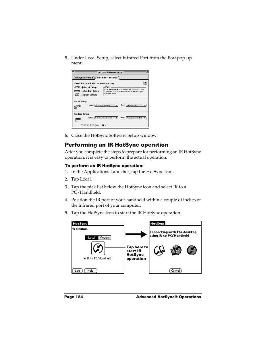 Performing an ir hotsync operation, To perform an ir hotsync operation | Palm m500 User Manual | Page 194 / 286