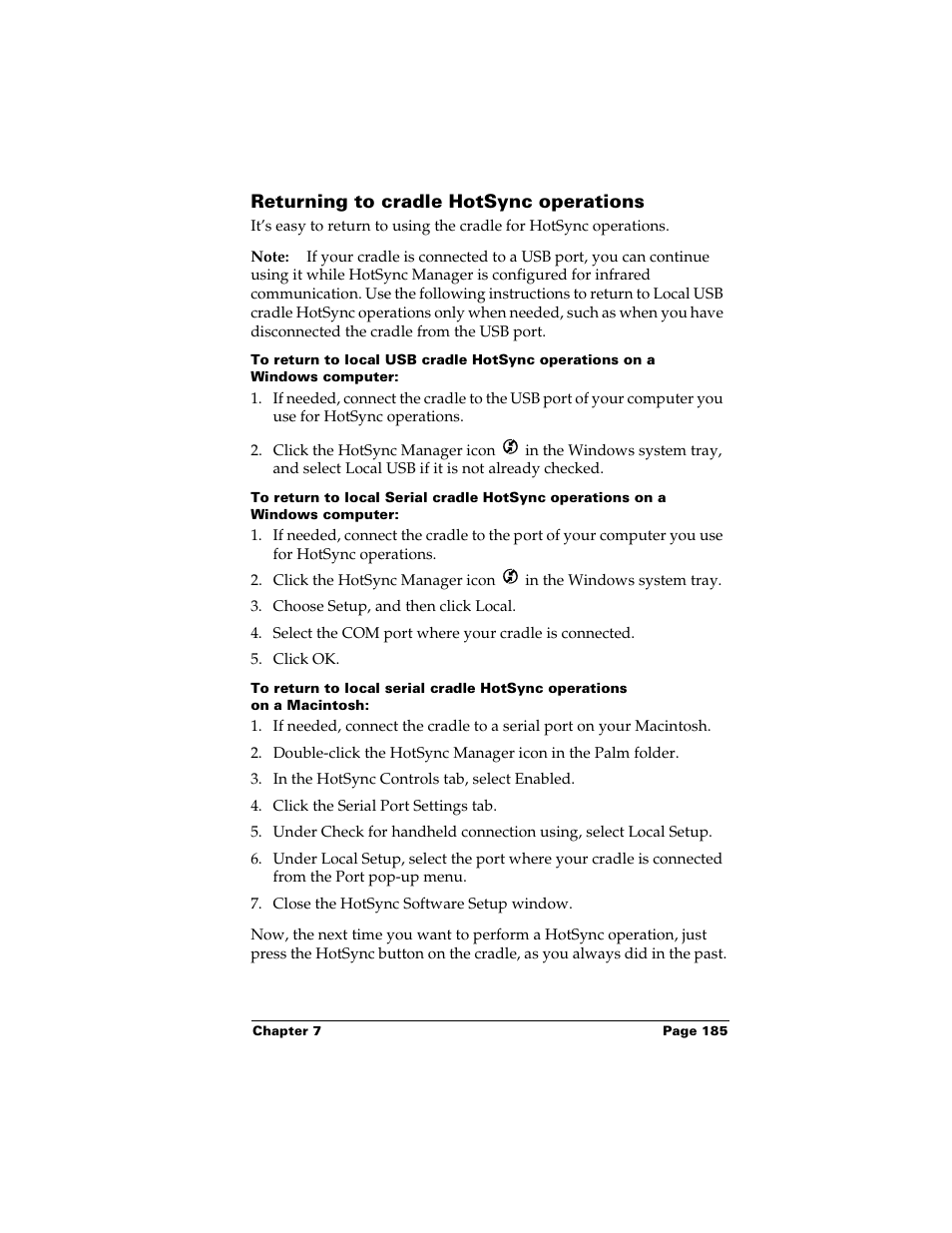 Returning to cradle hotsync operations | Palm m500 User Manual | Page 195 / 286