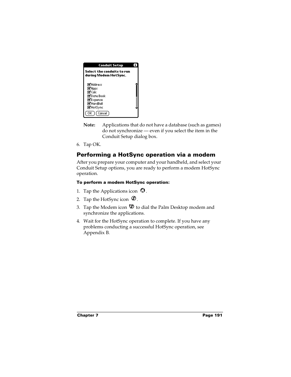 Performing a hotsync operation via a modem, To perform a modem hotsync operation | Palm m500 User Manual | Page 201 / 286