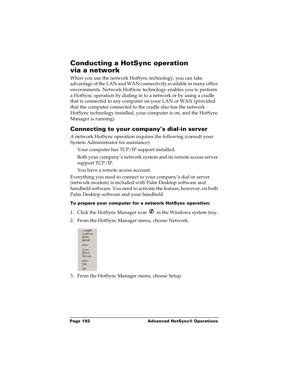 Conducting a hotsync operation via a network, Connecting to your company’s dial-in server | Palm m500 User Manual | Page 202 / 286