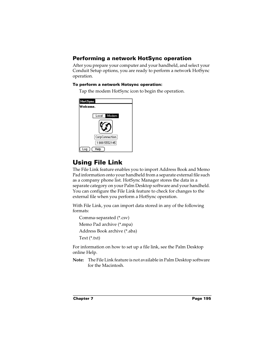 Performing a network hotsync operation, To perform a network hotsync operation, Using file link | Palm m500 User Manual | Page 205 / 286