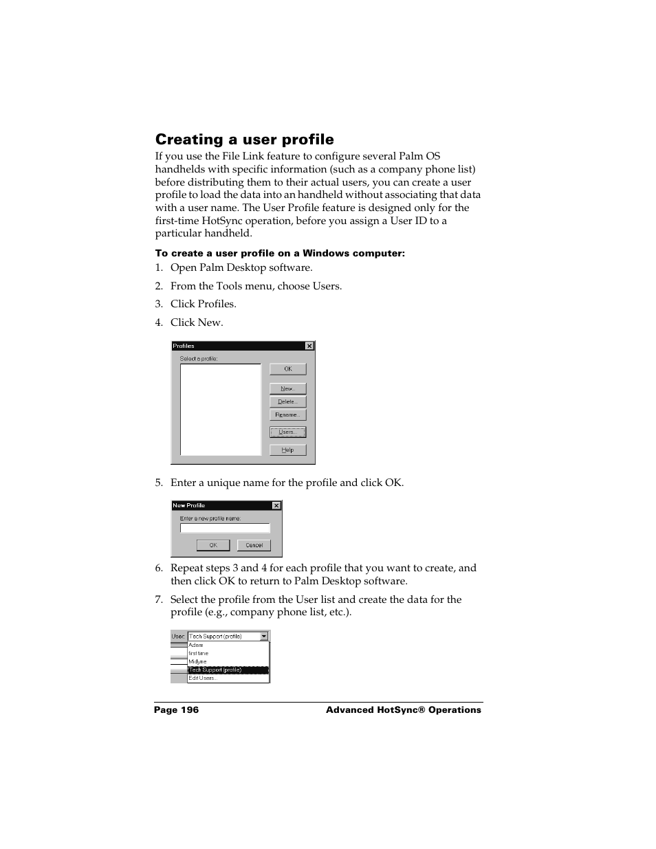 Creating a user profile, To create a user profile on a windows computer | Palm m500 User Manual | Page 206 / 286