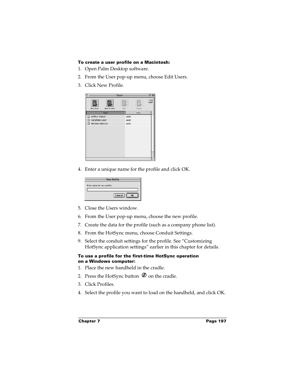 To create a user profile on a macintosh | Palm m500 User Manual | Page 207 / 286