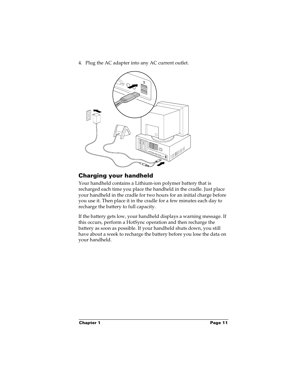 Charging your handheld, Held. see “charging your handheld” la | Palm m500 User Manual | Page 21 / 286