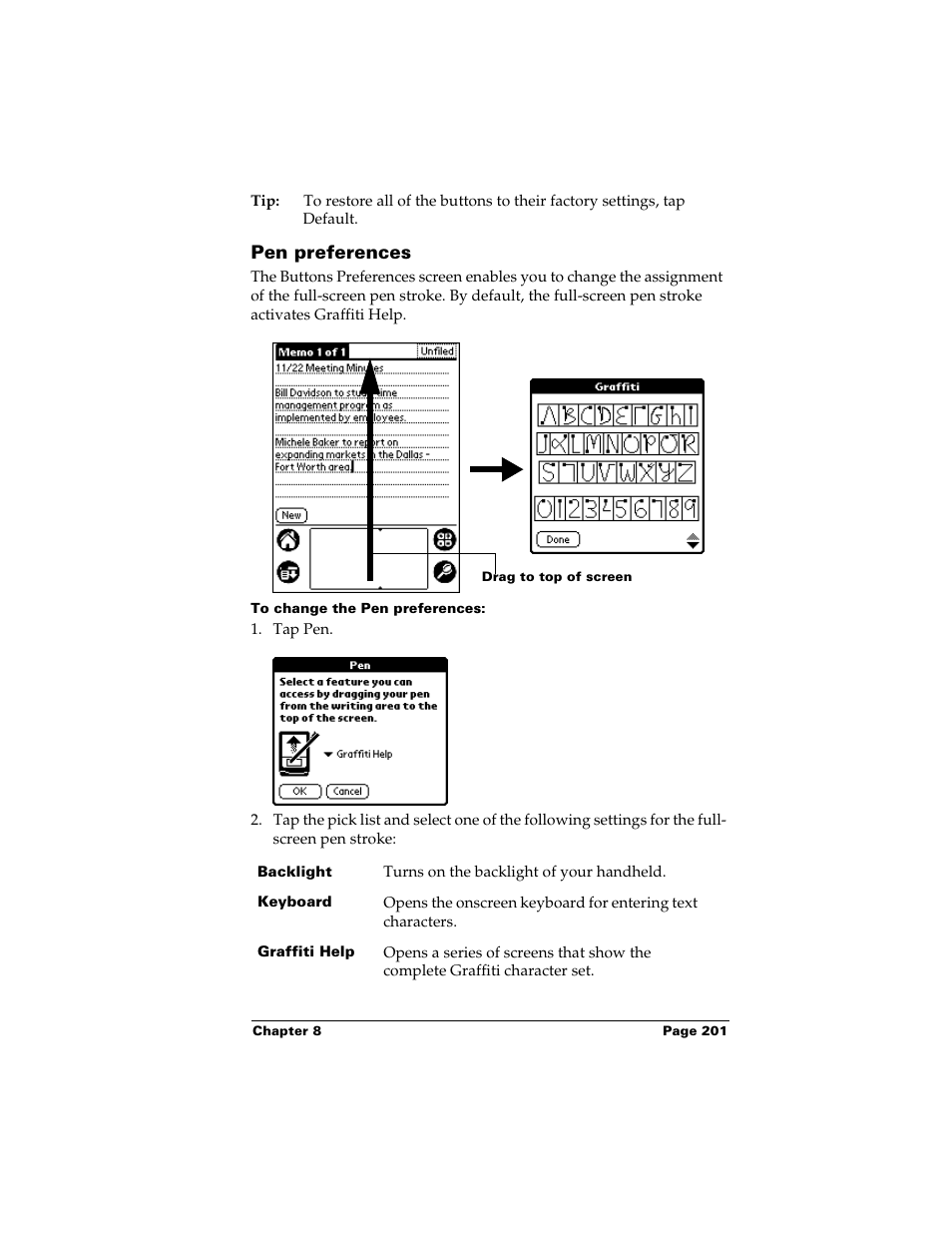 Pen preferences, To change the pen preferences, See “pen preferences” in chapter 8 | Palm m500 User Manual | Page 211 / 286