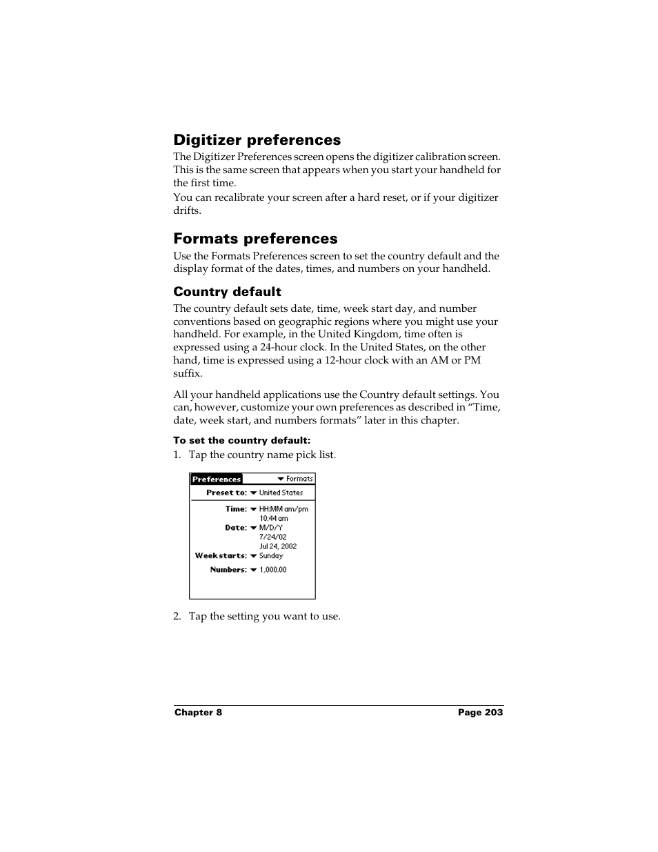 Digitizer preferences, Formats preferences, Country default | To set the country default, Digitizer preferences formats preferences | Palm m500 User Manual | Page 213 / 286