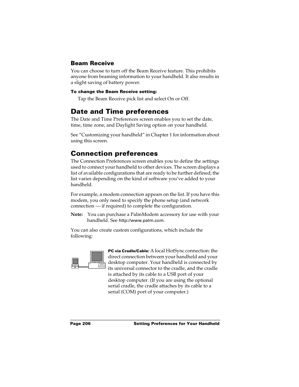 Beam receive, To change the beam receive setting, Date and time preferences | Connection preferences, Date and time preferences connection preferences | Palm m500 User Manual | Page 216 / 286