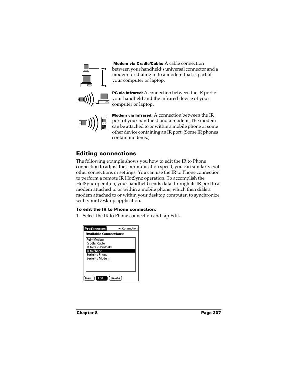 Editing connections, To edit the ir to phone connection | Palm m500 User Manual | Page 217 / 286