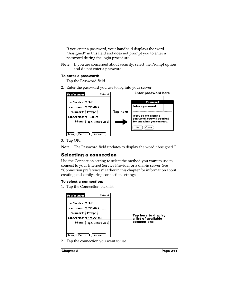 To enter a password, Selecting a connection, To select a connection | Palm m500 User Manual | Page 221 / 286
