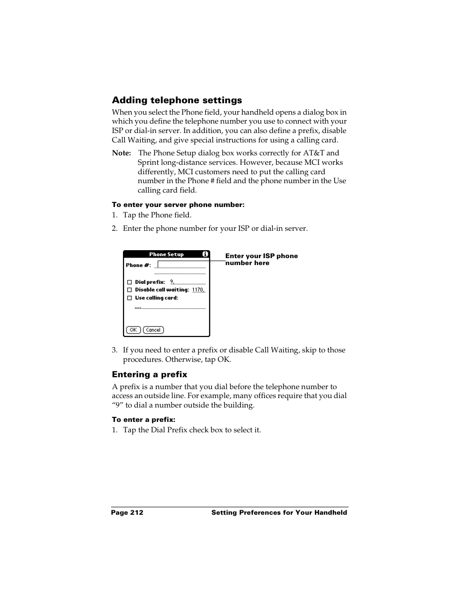 Adding telephone settings, To enter your server phone number, Entering a prefix | To enter a prefix | Palm m500 User Manual | Page 222 / 286