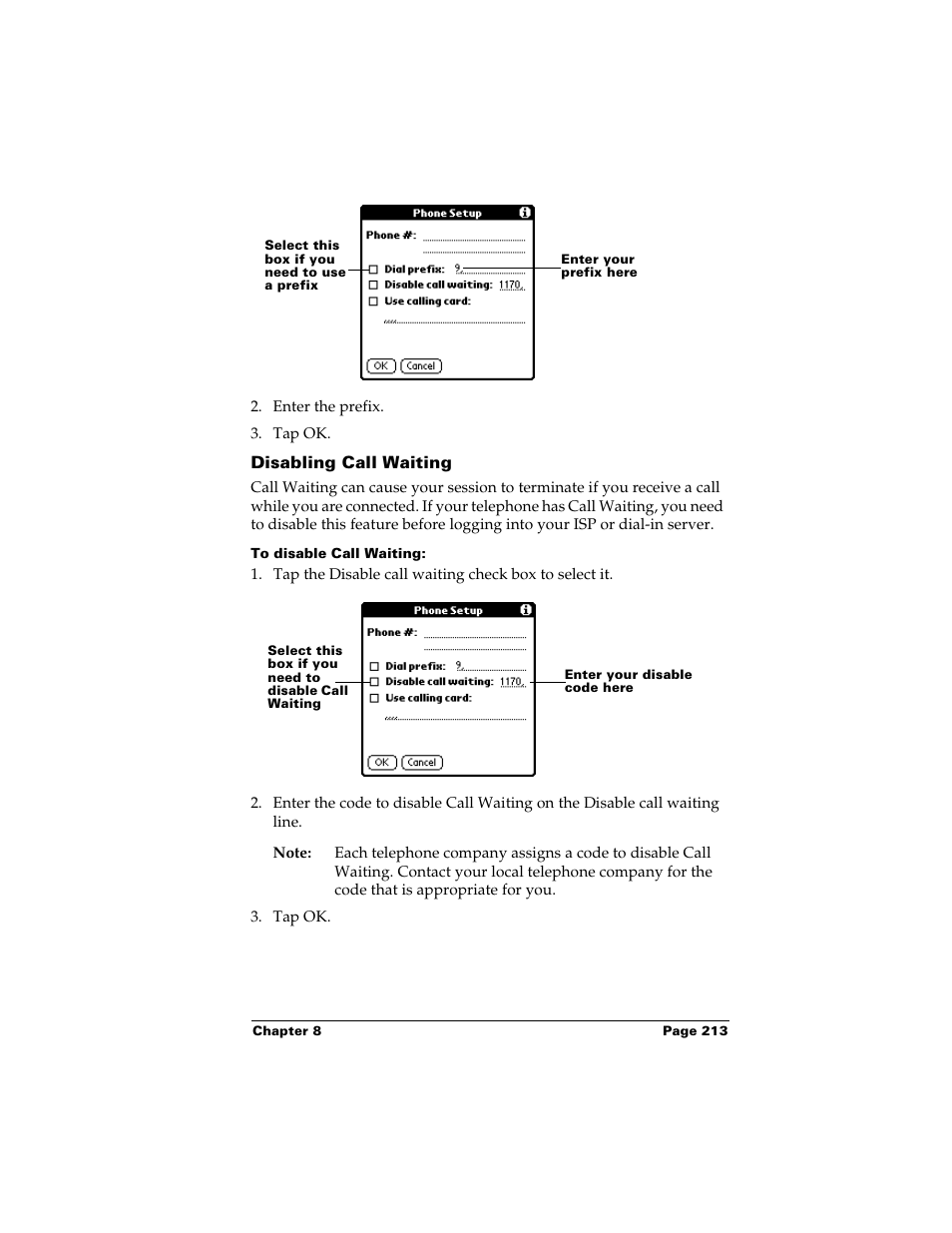 Disabling call waiting, To disable call waiting | Palm m500 User Manual | Page 223 / 286