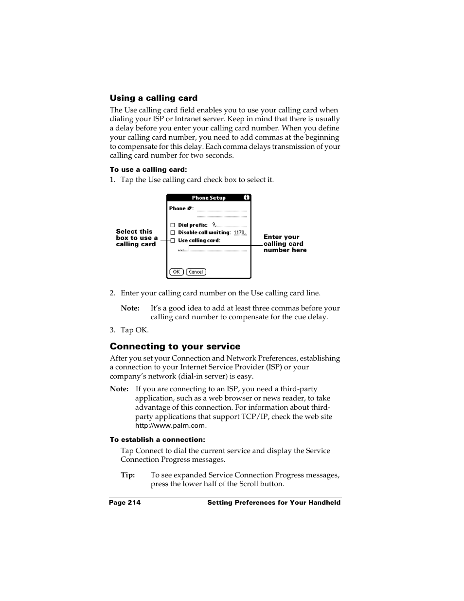 Using a calling card, To use a calling card, Connecting to your service | To establish a connection | Palm m500 User Manual | Page 224 / 286