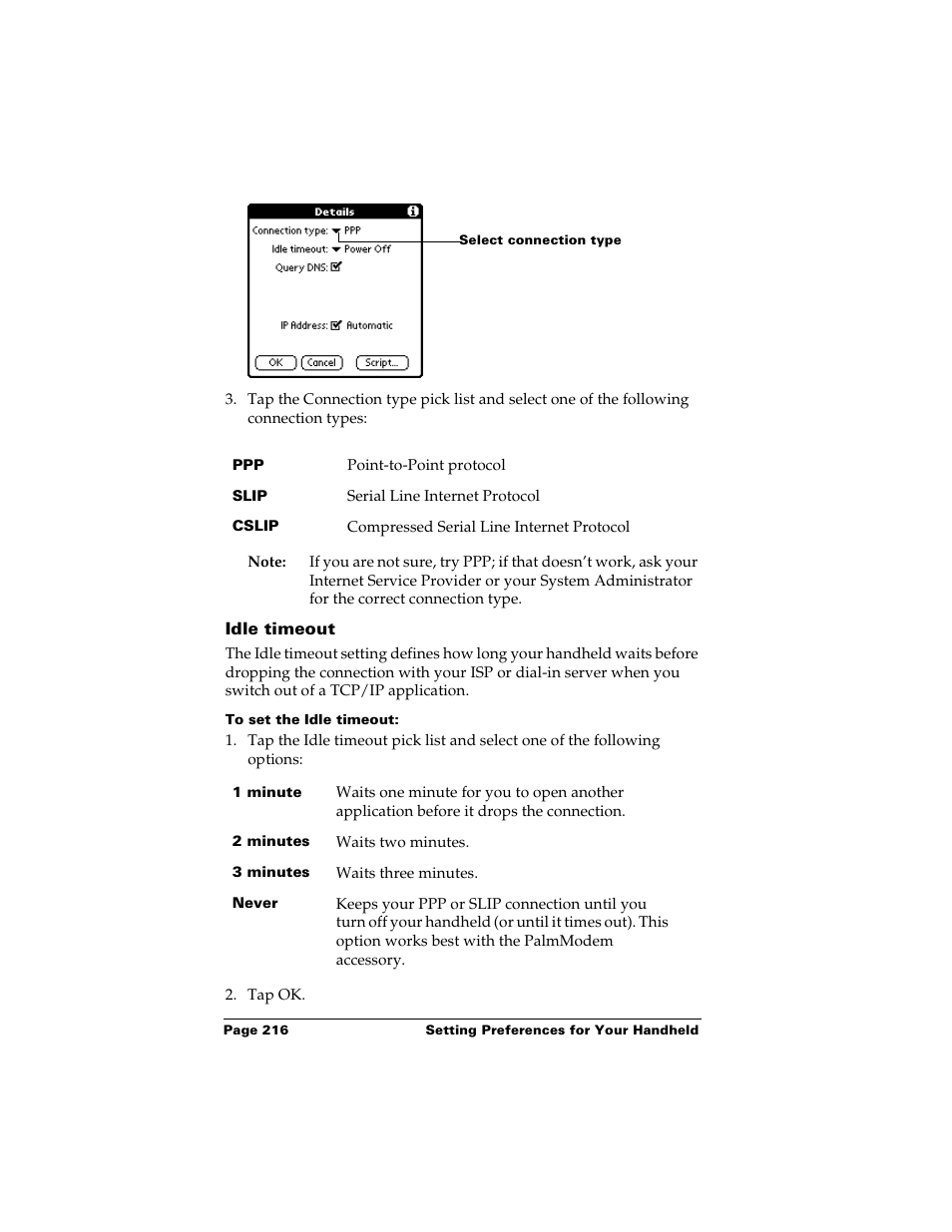 Idle timeout, To set the idle timeout | Palm m500 User Manual | Page 226 / 286