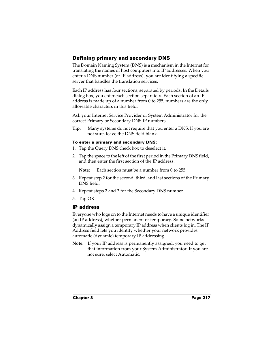 Defining primary and secondary dns, To enter a primary and secondary dns, Ip address | Palm m500 User Manual | Page 227 / 286