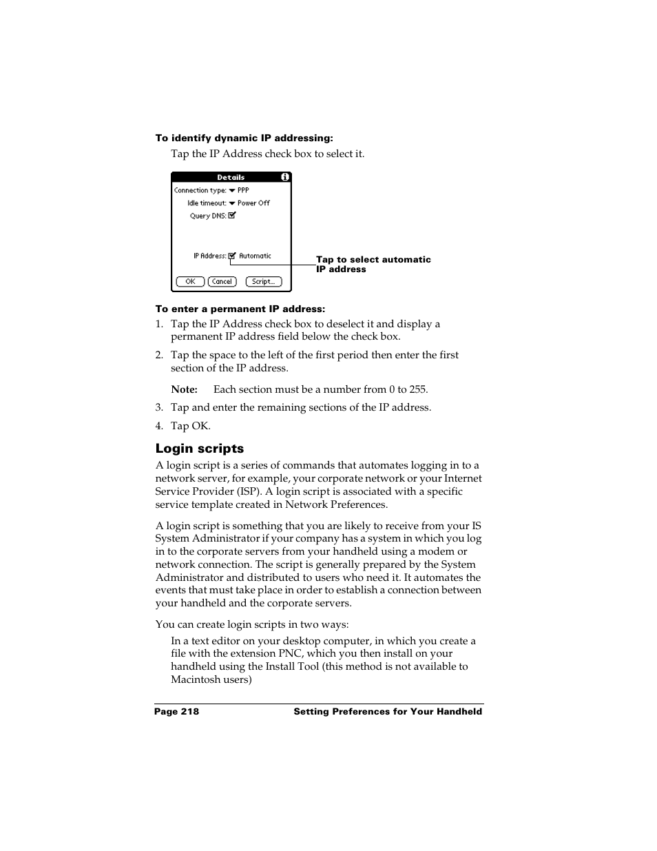 To identify dynamic ip addressing, To enter a permanent ip address, Login scripts | Palm m500 User Manual | Page 228 / 286