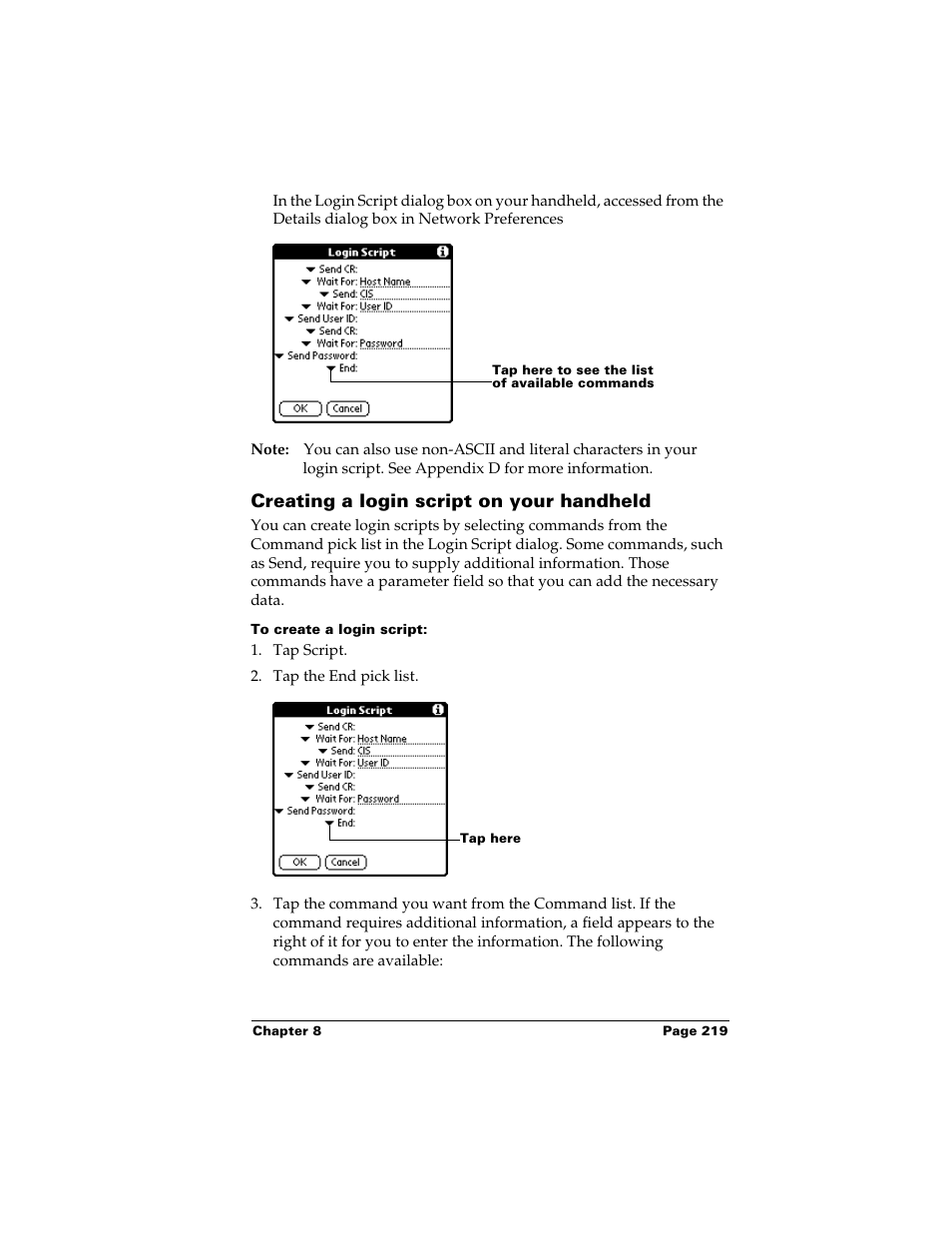 Creating a login script on your handheld, To create a login script | Palm m500 User Manual | Page 229 / 286