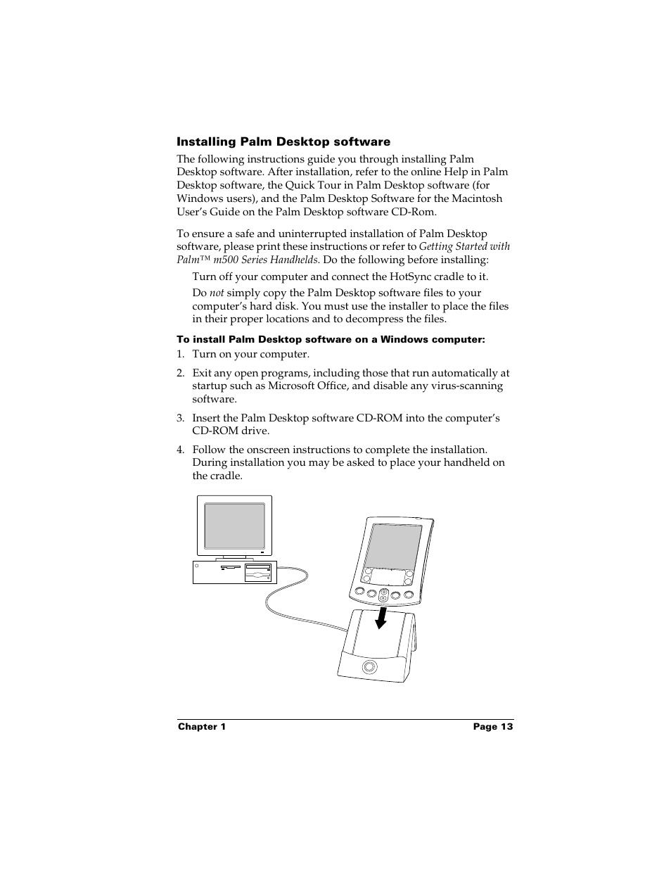 Installing palm desktop software, Held. see “installing palm desktop software” l | Palm m500 User Manual | Page 23 / 286