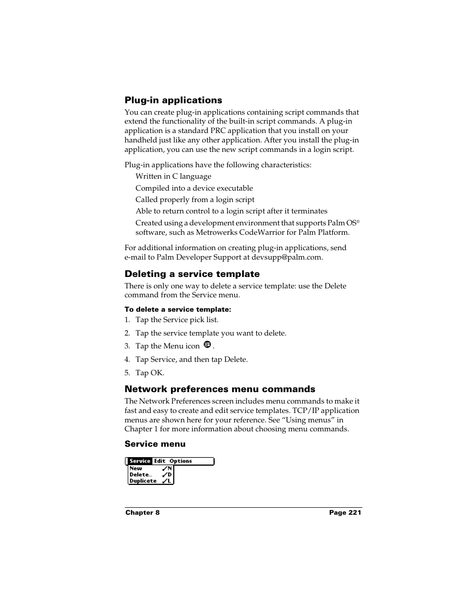 Plug-in applications, Deleting a service template, To delete a service template | Network preferences menu commands, Service menu | Palm m500 User Manual | Page 231 / 286