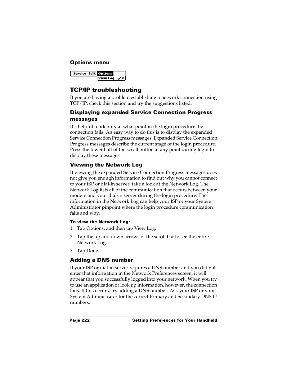 Options menu, Tcp/ip troubleshooting, Viewing the network log | To view the network log, Adding a dns number | Palm m500 User Manual | Page 232 / 286