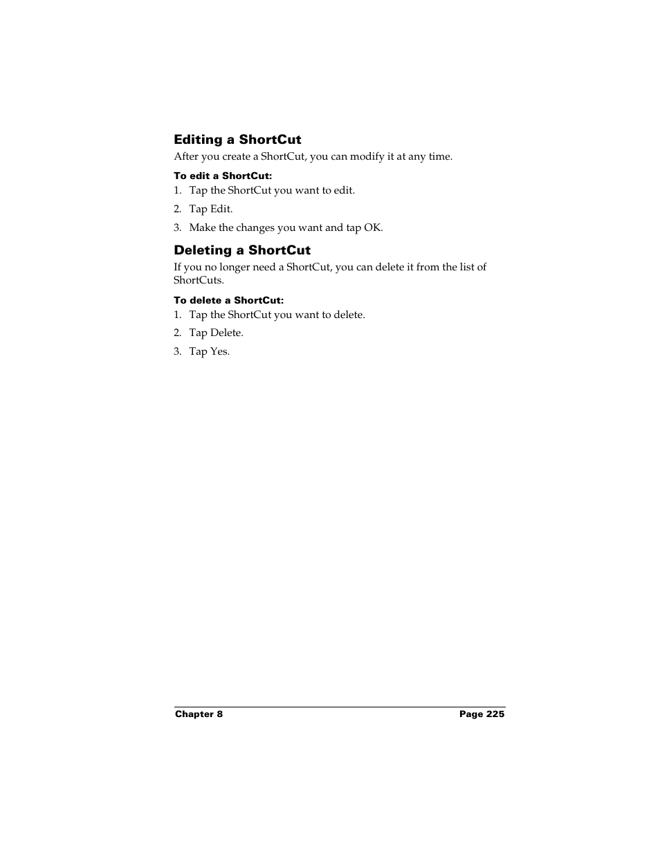 Editing a shortcut, To edit a shortcut, Deleting a shortcut | To delete a shortcut, Editing a shortcut deleting a shortcut | Palm m500 User Manual | Page 235 / 286