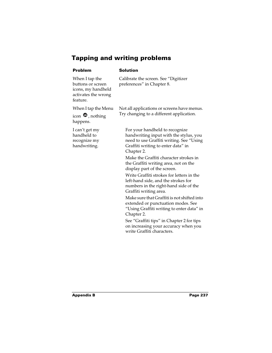 Tapping and writing problems | Palm m500 User Manual | Page 247 / 286