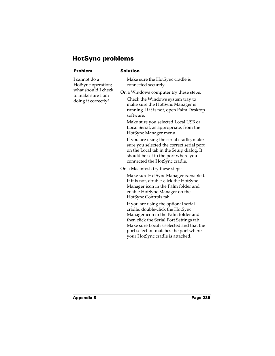 Hotsync problems | Palm m500 User Manual | Page 249 / 286