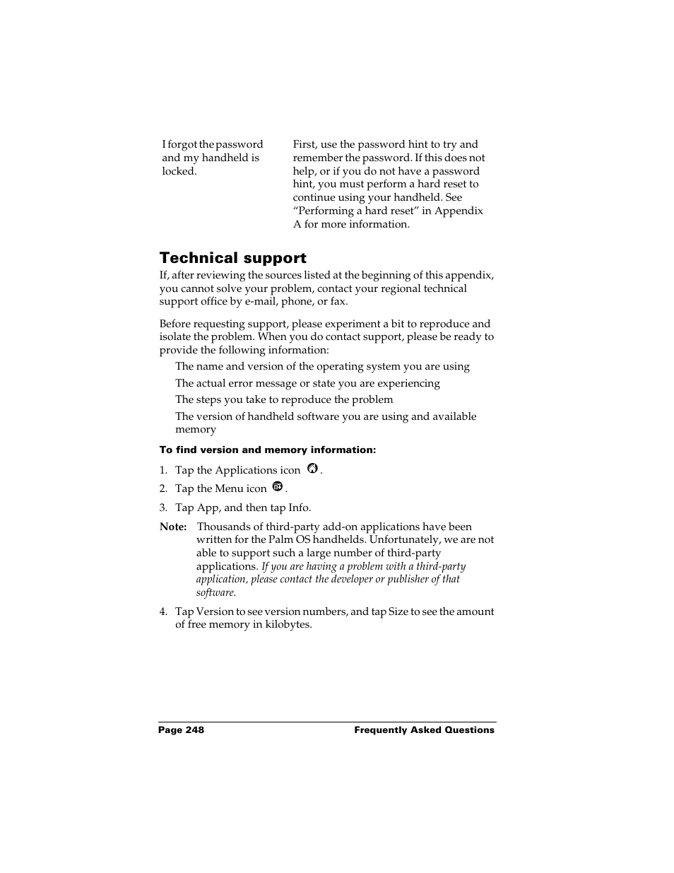 Technical support, To find version and memory information | Palm m500 User Manual | Page 258 / 286