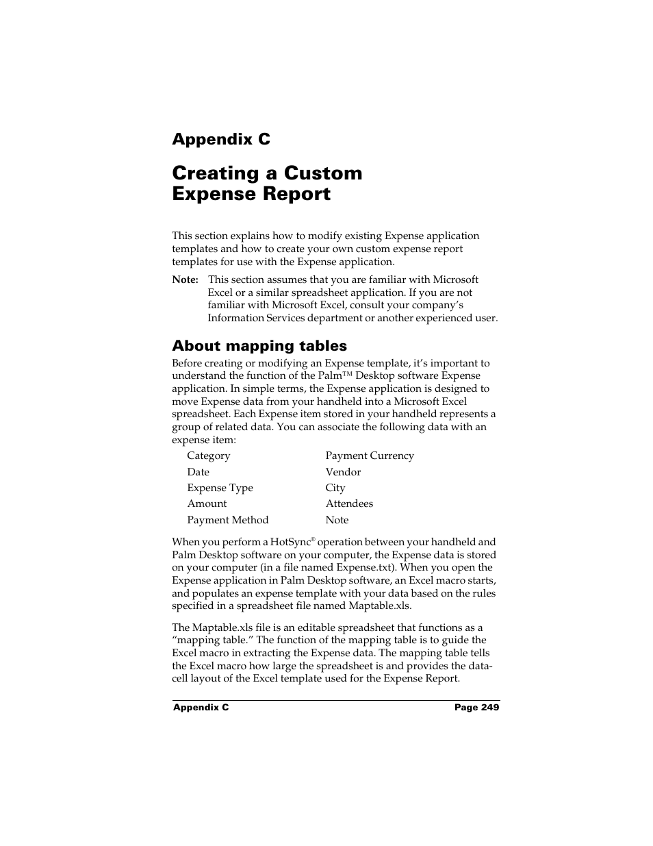 Appendix c, Creating a custom expense report, About mapping tables | Appendix c: creating a custom expense report | Palm m500 User Manual | Page 259 / 286