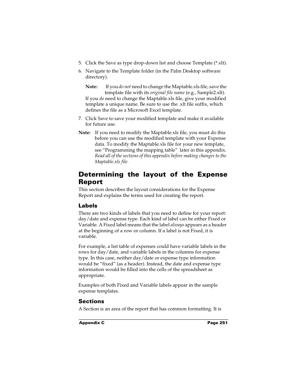 Determining the layout of the expense report, Labels, Sections | Labels sections | Palm m500 User Manual | Page 261 / 286