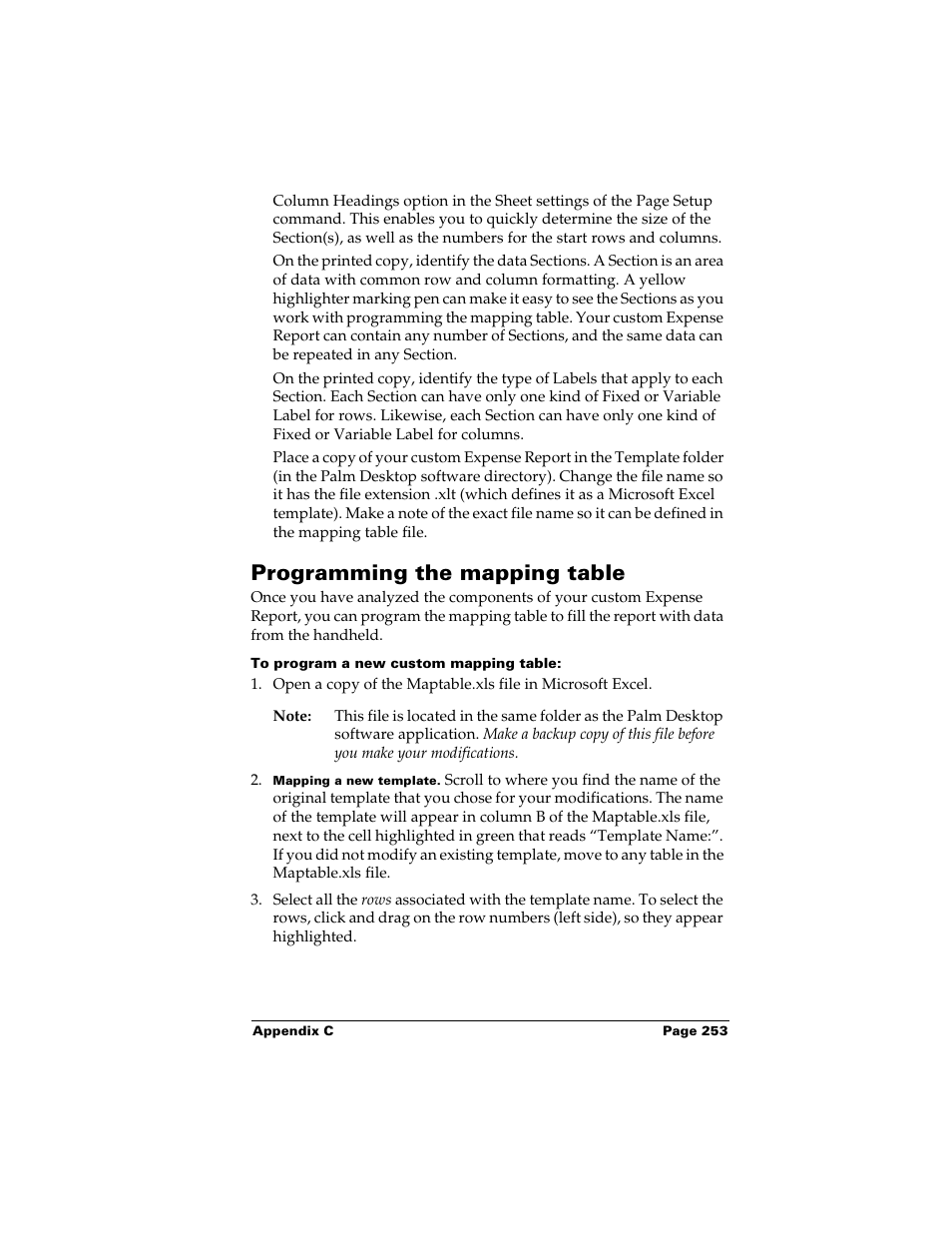 Programming the mapping table, To program a new custom mapping table | Palm m500 User Manual | Page 263 / 286