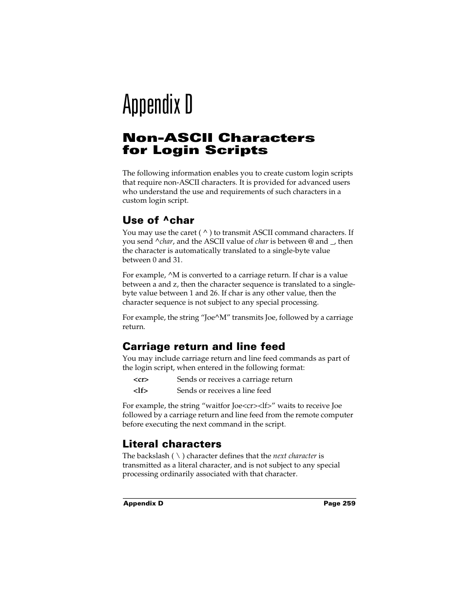 Appendix d, Non-ascii characters for login scripts, Use of ^char | Carriage return and line feed, Literal characters | Palm m500 User Manual | Page 269 / 286