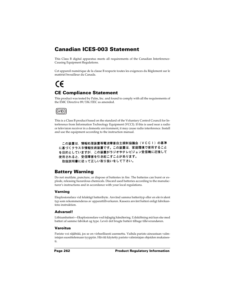 Canadian ices-003 statement, Ce compliance statement, Battery warning | Varning, Advarsel, Varoitus, Ce compliance statement battery warning | Palm m500 User Manual | Page 272 / 286